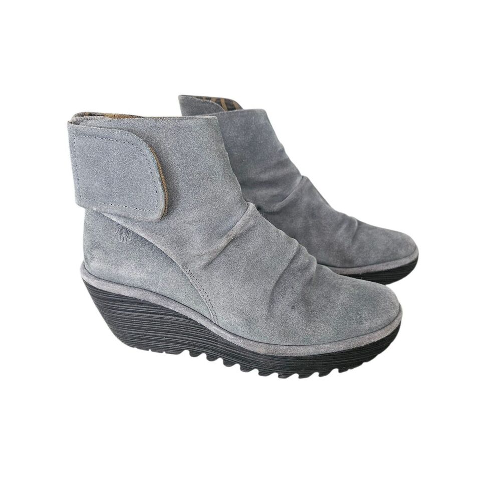 Fly London-Yegi Size 8.5 US EU39 Gray Suede Ankle Boots Wedge Booties Comfort